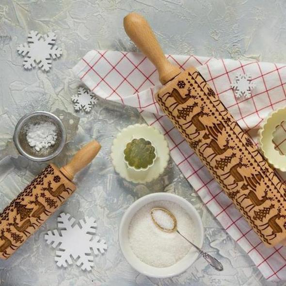 Christmas Moose Printed Cane Birch 3D Rolling Pin
