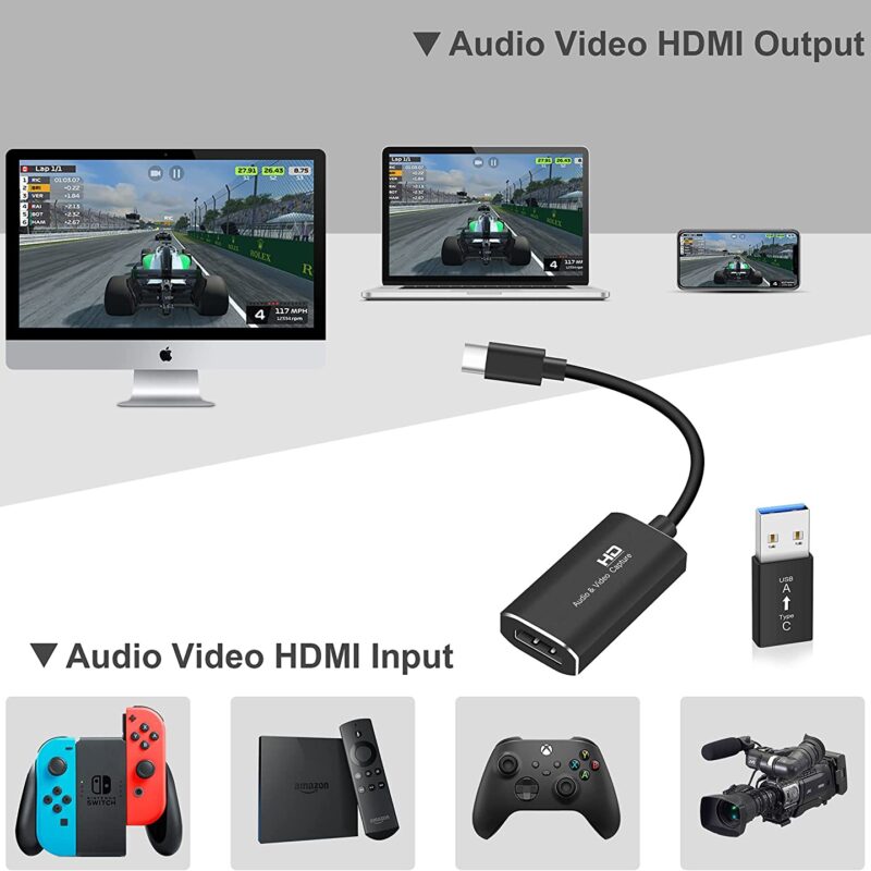 LAVKOW Video Capture Card, Audio HDMI Game Capture to USB 1080p 60fps, with Type-C to USB Adapter Converter, 4K Full HD Game Capture Low Latency Record for…