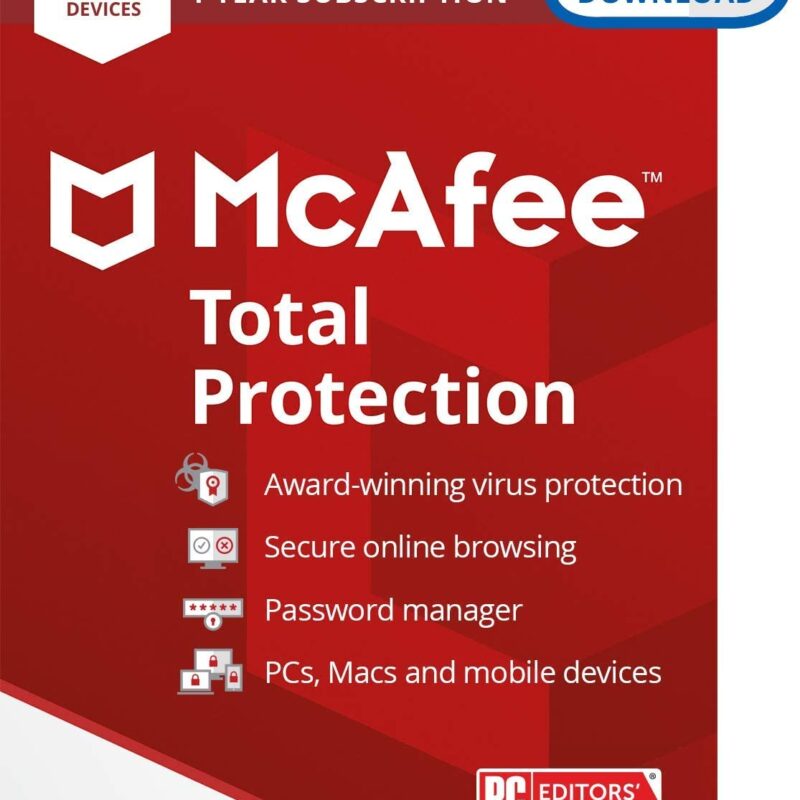 McAfee Total Protection 2021, 3 Device Antivirus Internet Security Software, Password Manager, Privacy, 1 Year Subscription – Download Code